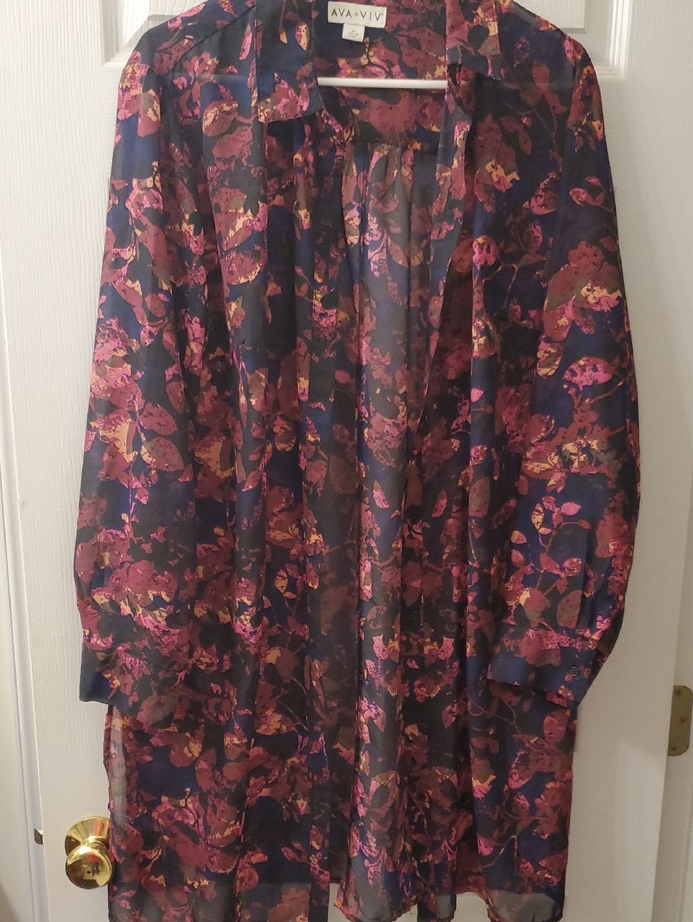 Ava & Viv Navy Sheer Floral Duster with Pink and Gold Leaf Print